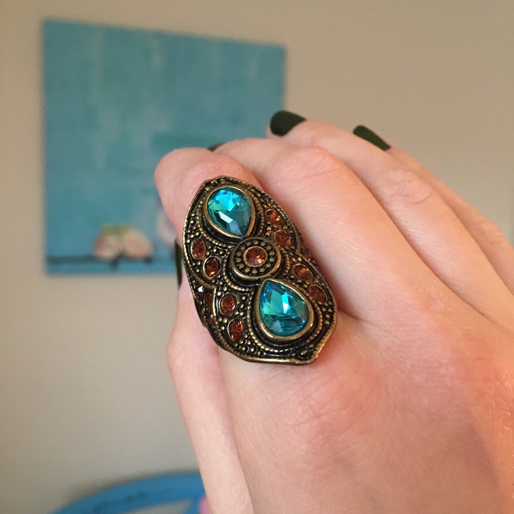 Gold Tone Blue Jewel Statement Ring